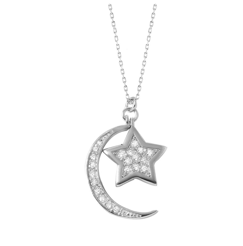 .925 Sterling Silver Rhodium Plated Moon Star Necklace