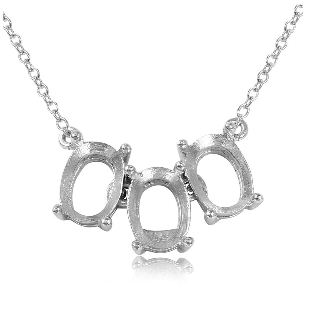 .925 Sterling Silver Rhodium Plated 3 Oval Mounting Necklace