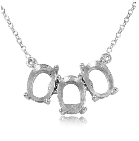 .925 Sterling Silver Rhodium Plated 3 Oval Mounting Necklace