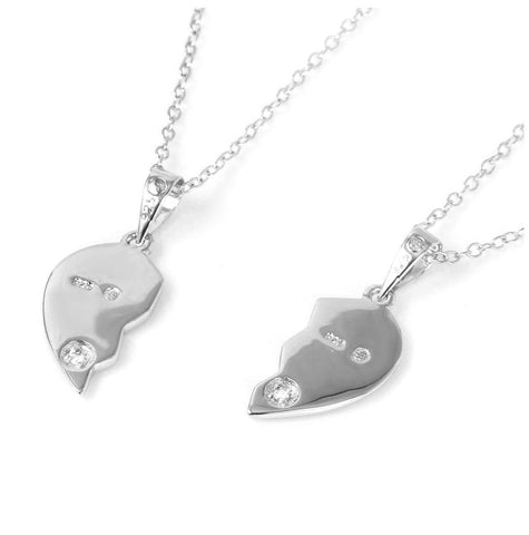 .925 Sterling Silver Double Broken Hearts With Small Cz Stud Accents Pendant Necklace