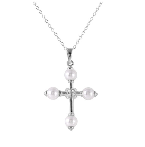 .925 Sterling Silver Rhodium Plated Pearl Cross Necklace