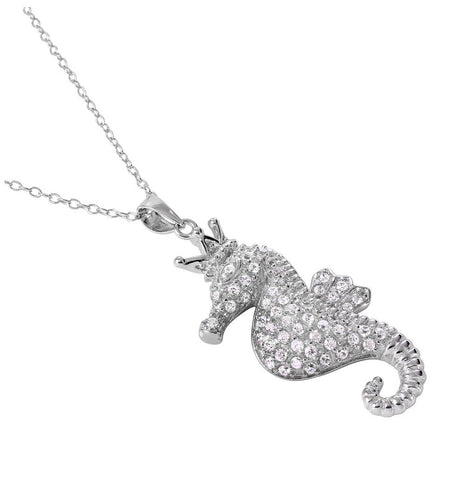 .925 Sterling Silver Rhodium Plated Clear Cz Seahorse Pendent Necklace