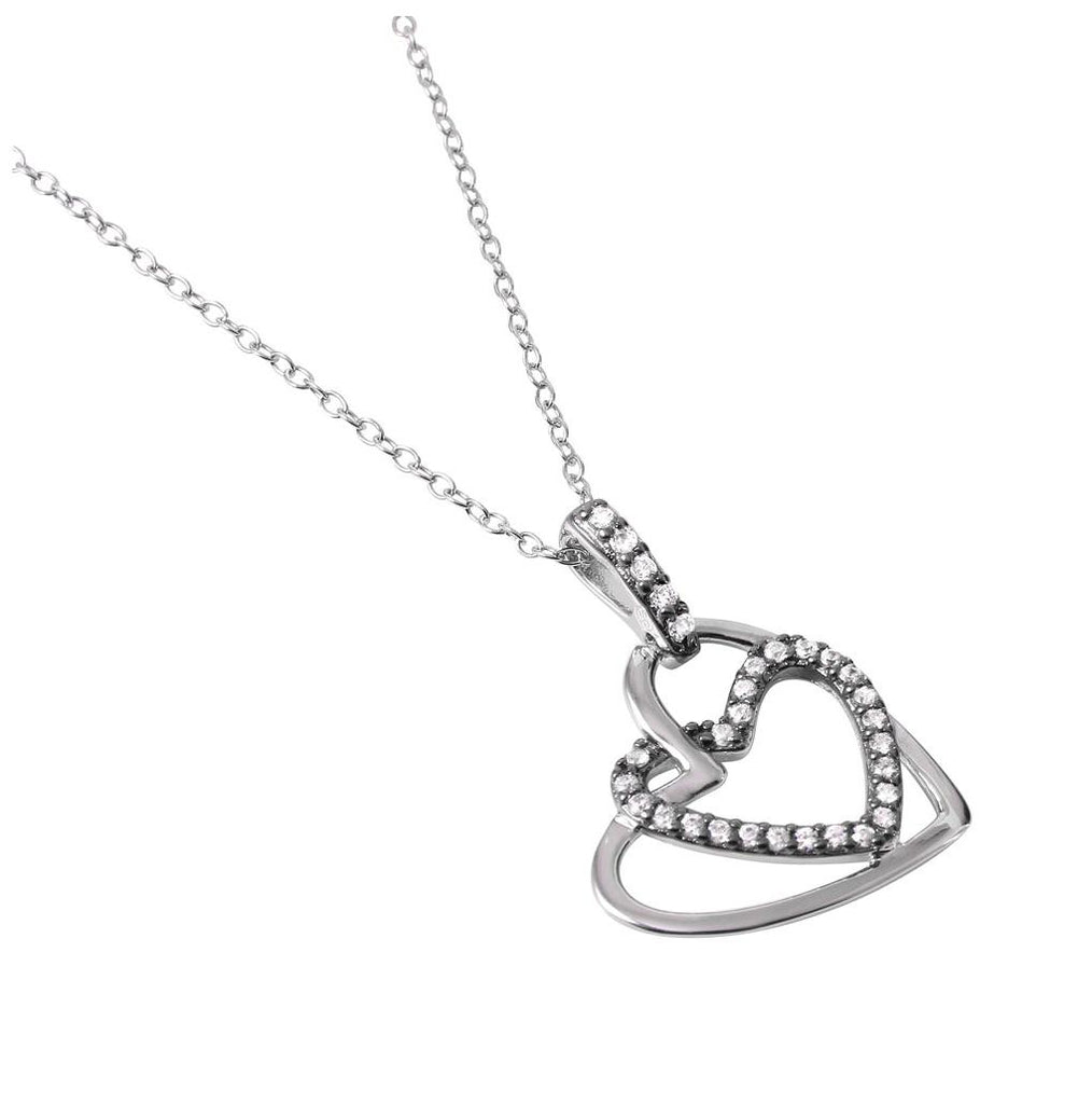 .925 Sterling Silver Rhodium Plated Clear Cz Dual Open Hearts Pendent Necklace