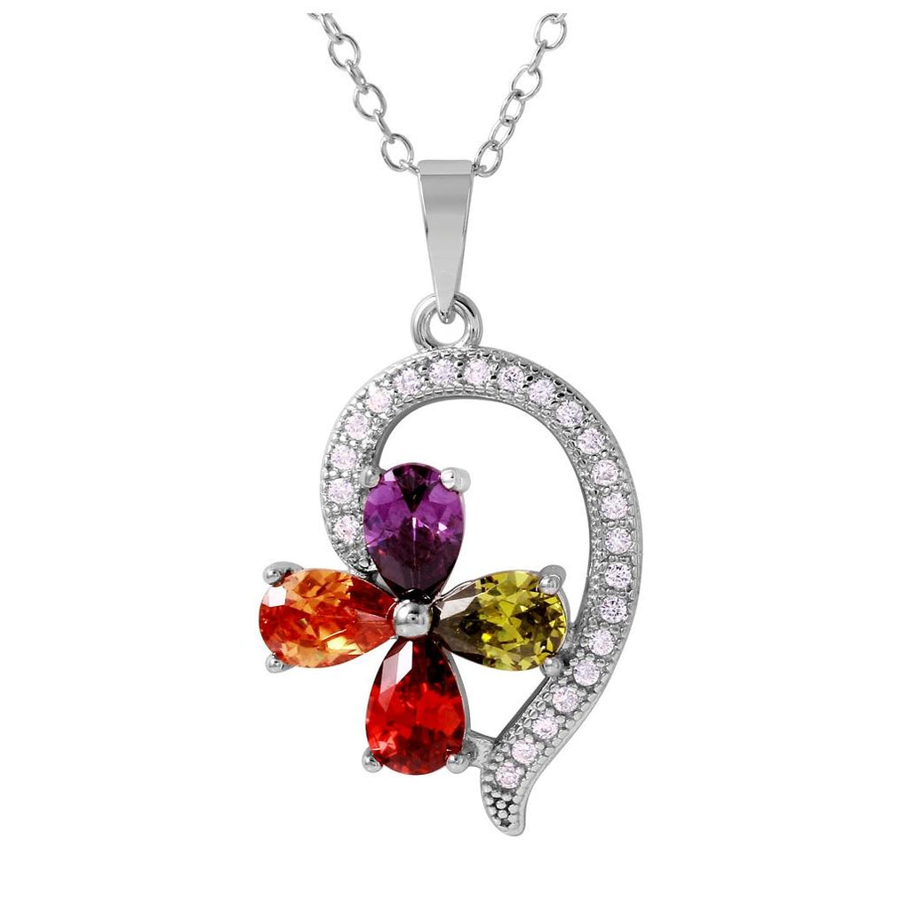 .925 Sterling Silver Rhodium Plated Multi-color Cz Flower Shaped Pendant