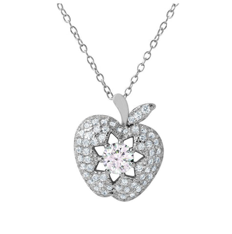 .925 Sterling Silver Rhodium Plated Cz Apple Shaped Pendant