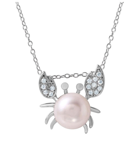 .925 Sterling Silver Rhodium Plated Cz Crab Shaped Pendant With Pearl Accent