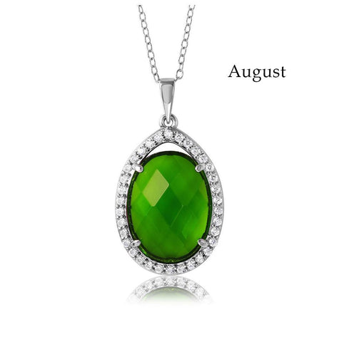 .925 Sterling Silver Rhodium Plated Teardrop Halo Birthstone Necklace August