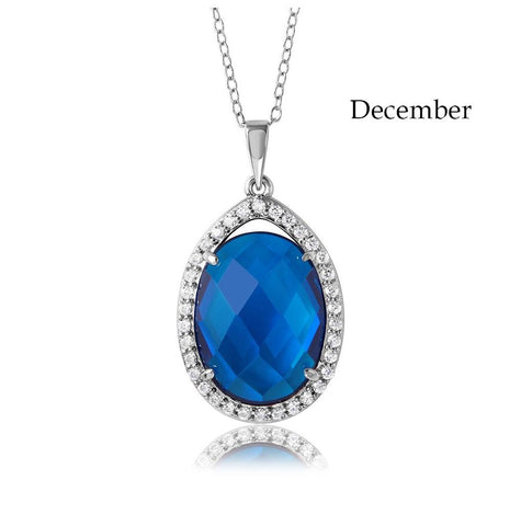 .925 Sterling Silver Rhodium Plated Teardrop Halo Birthstone Necklace December