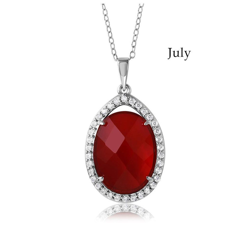 .925 Sterling Silver Rhodium Plated Teardrop Halo Birthstone Necklace July