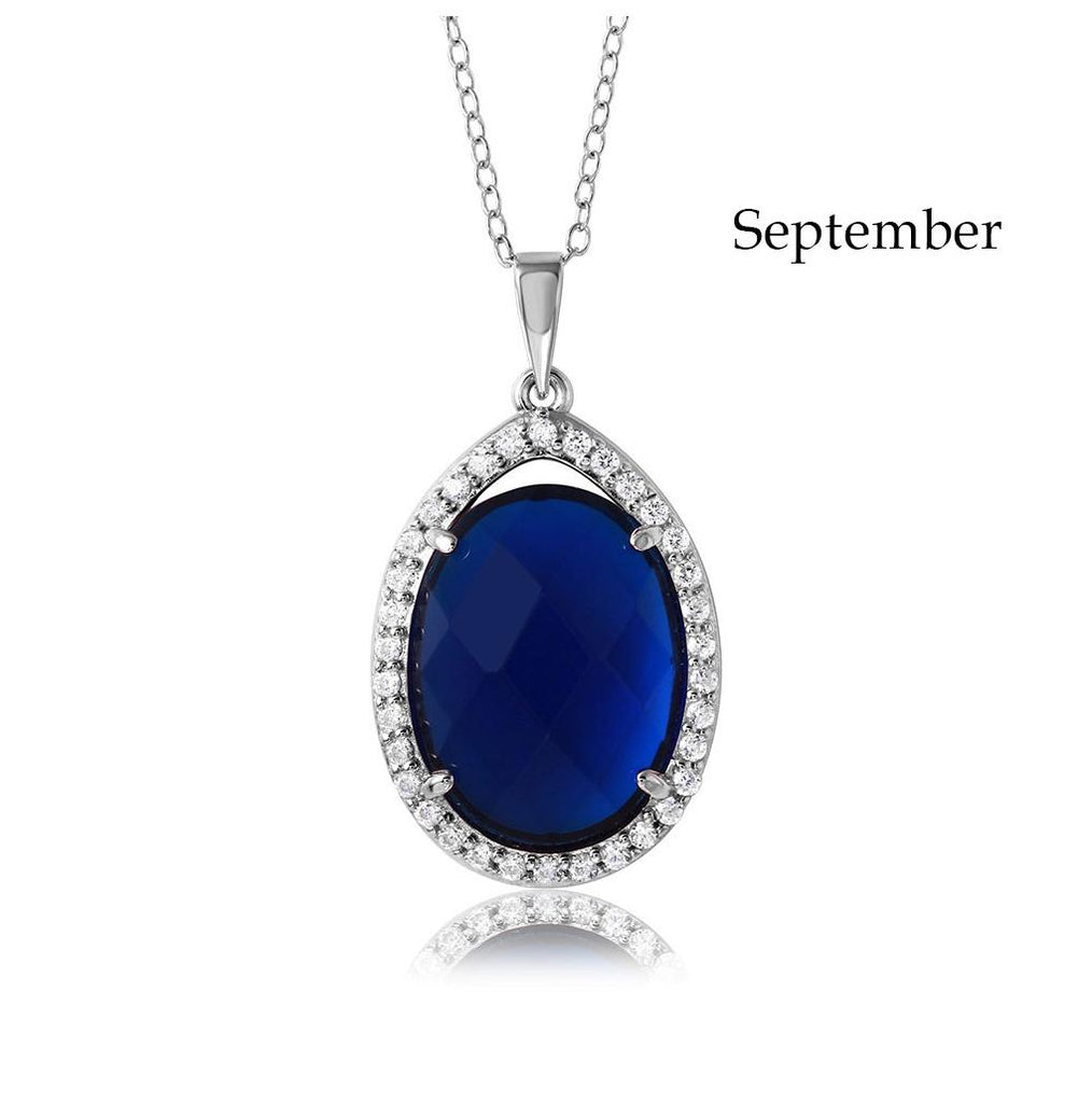 .925 Sterling Silver Rhodium Plated Teardrop Halo Birthstone Necklace September