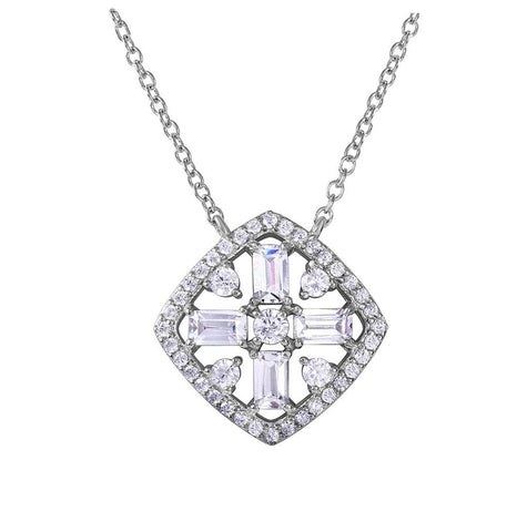 .925 Sterling Silver Rhodium Diamond Shape With Cross Center Encrusted With Cz Necklace