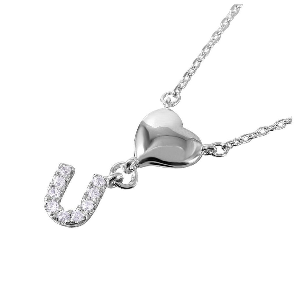 .925 Sterling Silver Rhodium Plated Heart And Cz U Necklace