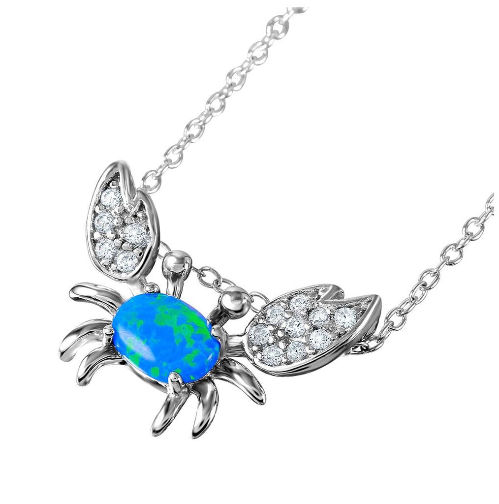 .925 Sterling Silver Rhodium Plated Crab Necklace With Cz And Synthetic Blue Opal