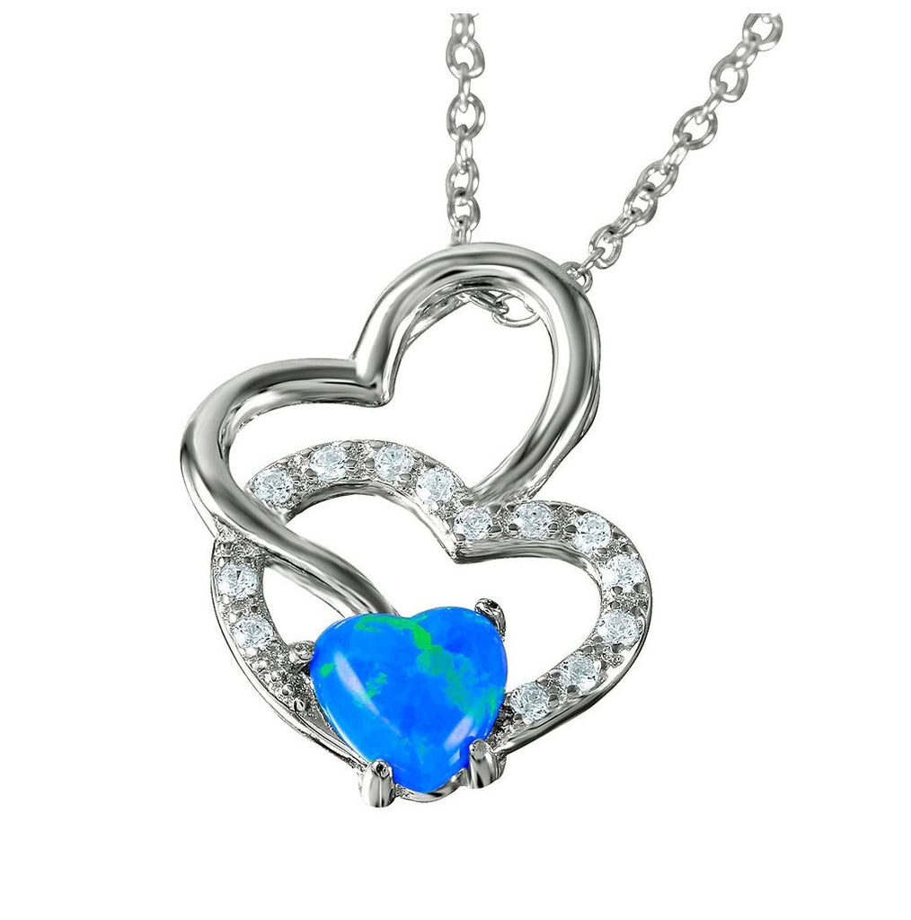 .925 Sterling Silver Double Open Heart With Synthetic Blue Opal And Cz Necklace