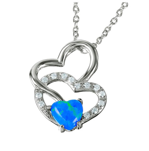 .925 Sterling Silver Double Open Heart With Synthetic Blue Opal And Cz Necklace