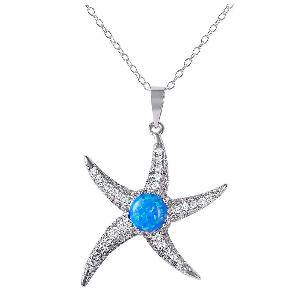 .925 Sterling Silver Rhodium Plated Cz Starfish With Synthetic Blue Opal Necklace