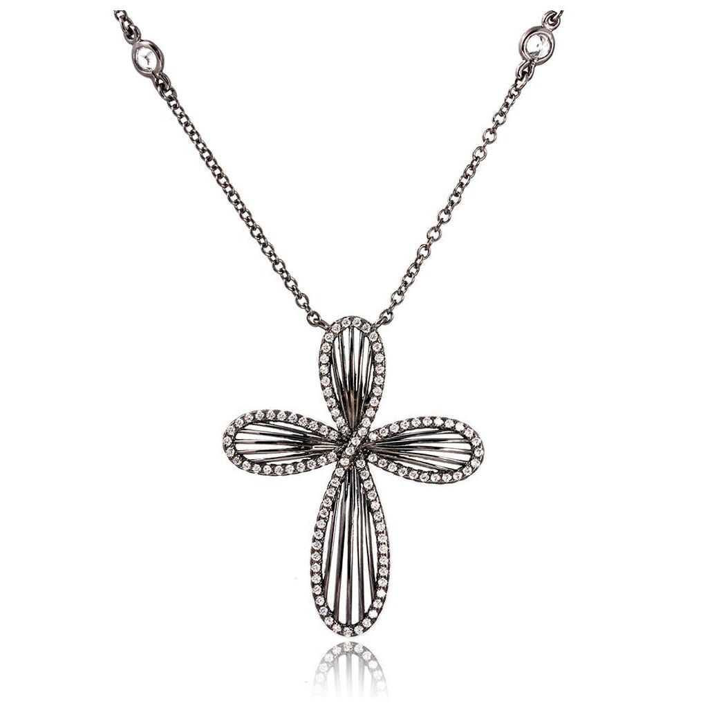 .925 Sterling Silver Black Rhodium Plated Cross With Cz Border Necklace