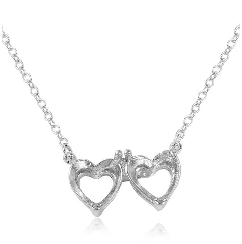 .925 Sterling Silver Rhodium Plated Double Heart Mounting Necklace