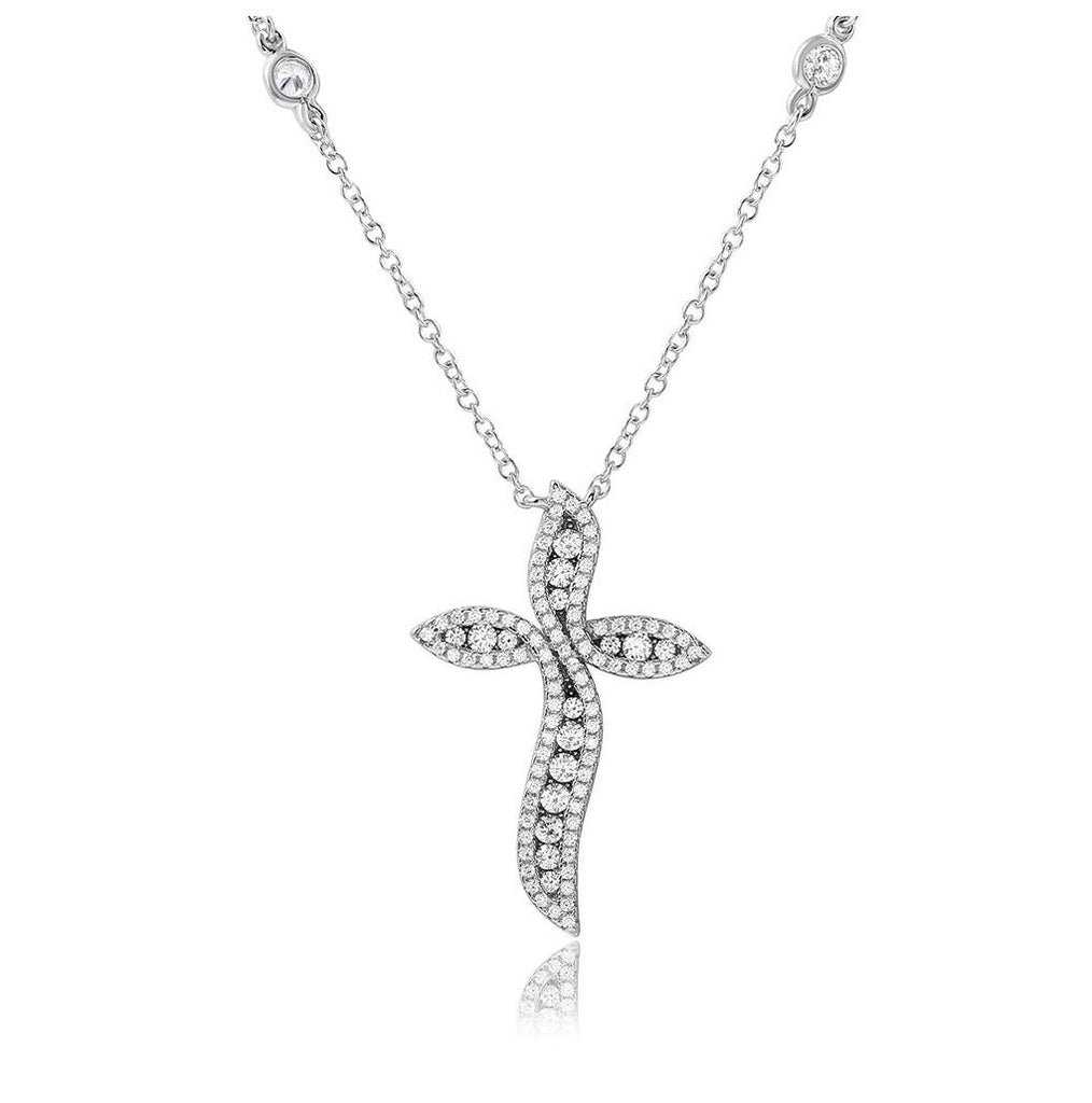 .925 Sterling Silver Rhodium Plated Cz Wavy Cross Necklace