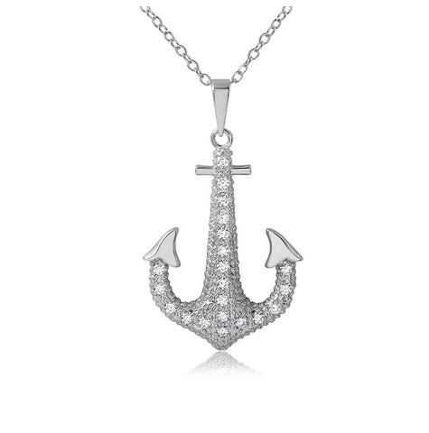 .925 Sterling Silver Rhodium Plated Cz Anchor Necklace