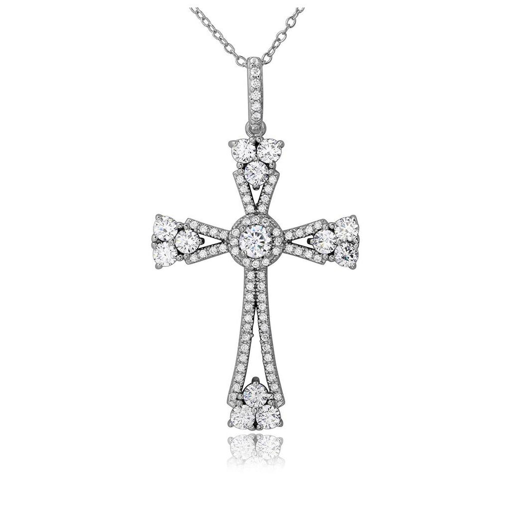 .925 Sterling Silver Rhodium Plated Cz Cross Necklace