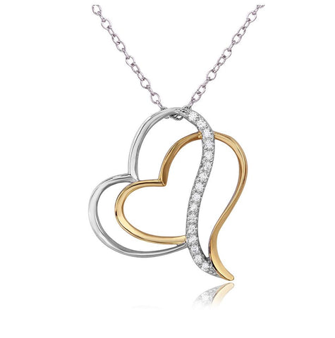 .925 Sterling Silver Rhodium Plated 2 Toned Double Open Heart Necklace