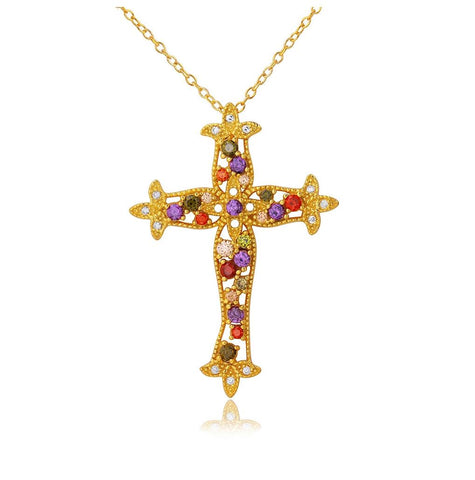 .925 Sterling Silver Gold Plated Multi Color Cz Cross Necklace