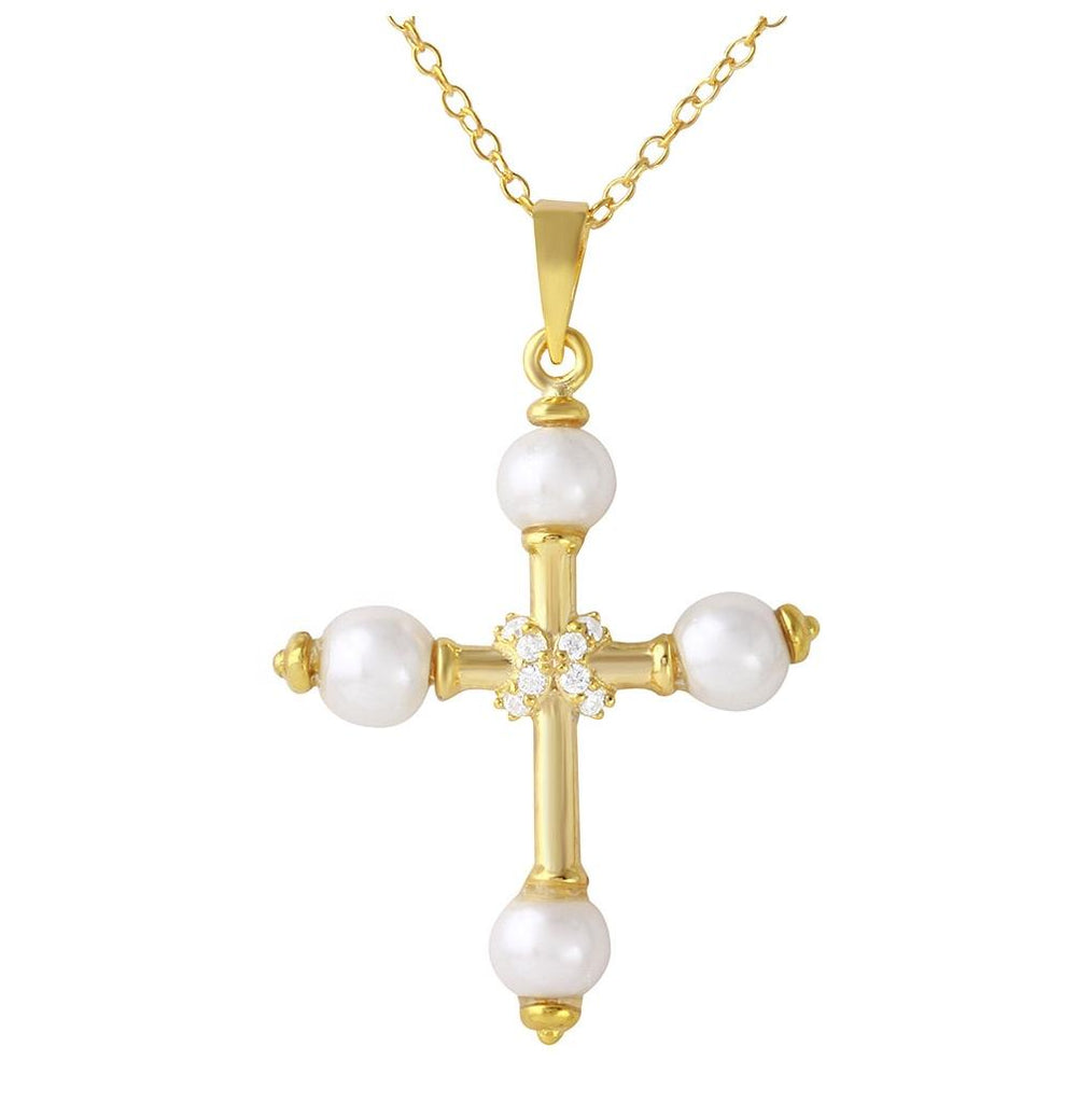 .925 Sterling Silver Gold Plated Cross With Synthetic Pearl Necklace