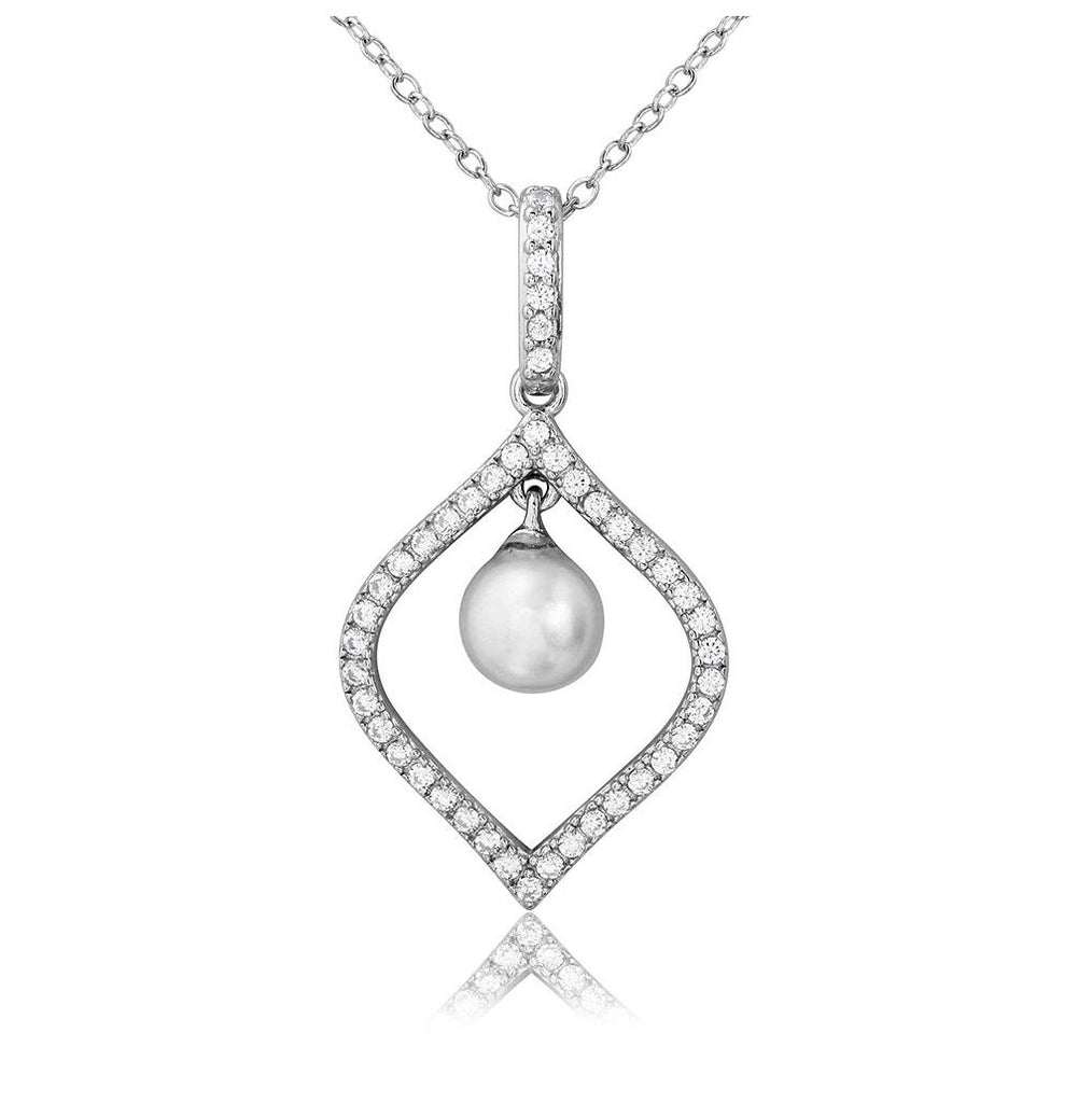 .925 Sterling Silver Rhodium Plated Cz Open Drop With Dangling Synthetic Pearl Necklace