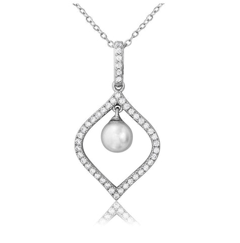 .925 Sterling Silver Rhodium Plated Cz Open Drop With Dangling Synthetic Pearl Necklace