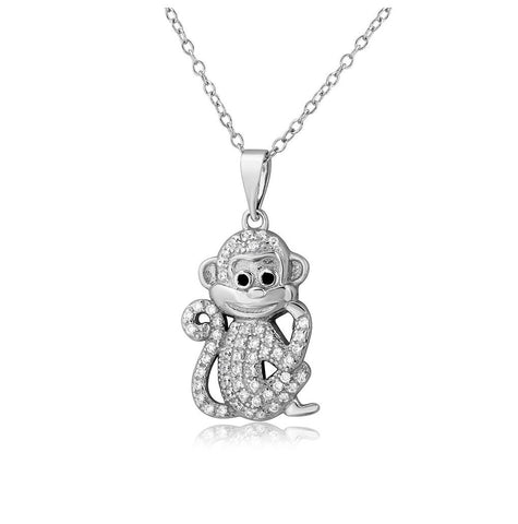 .925 Sterling Silver Rhodium Plated Cz Monkey Necklace