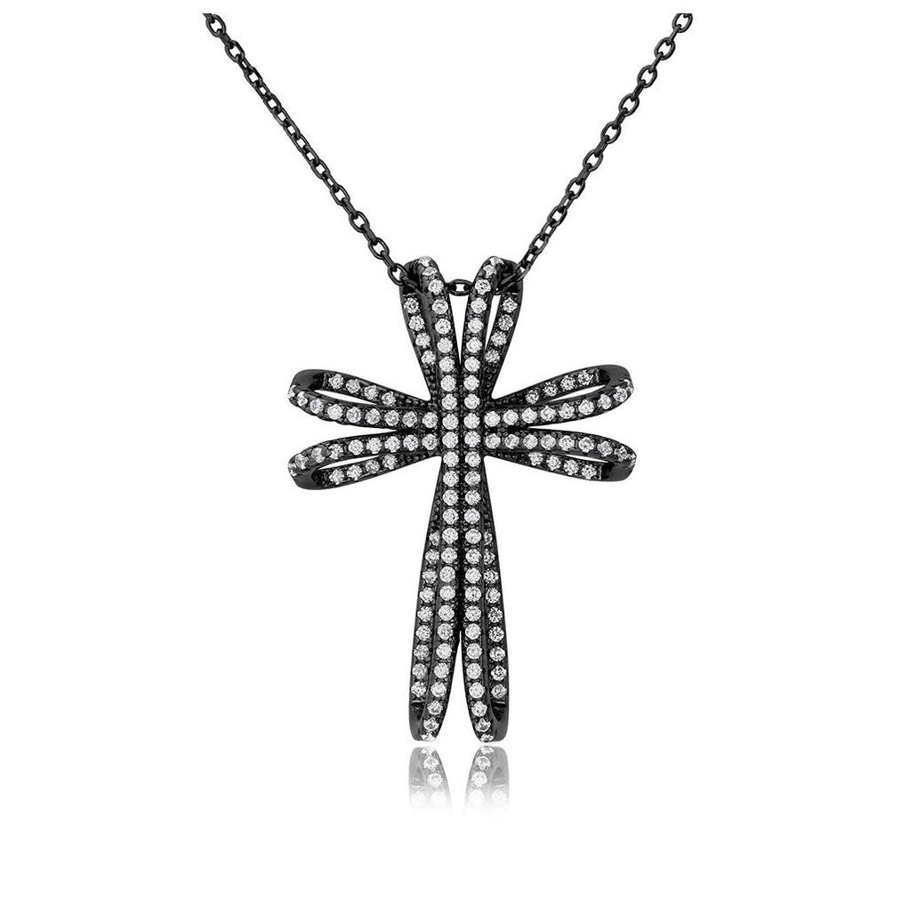 .925 Sterling Silver Black Rhodium Plated Cz Double Cross Necklace