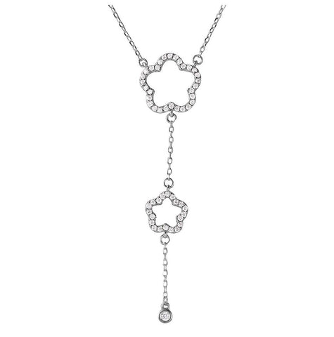 .925 Sterling Silver Rhodium Plated Double Open Cz Clover Drop Necklace