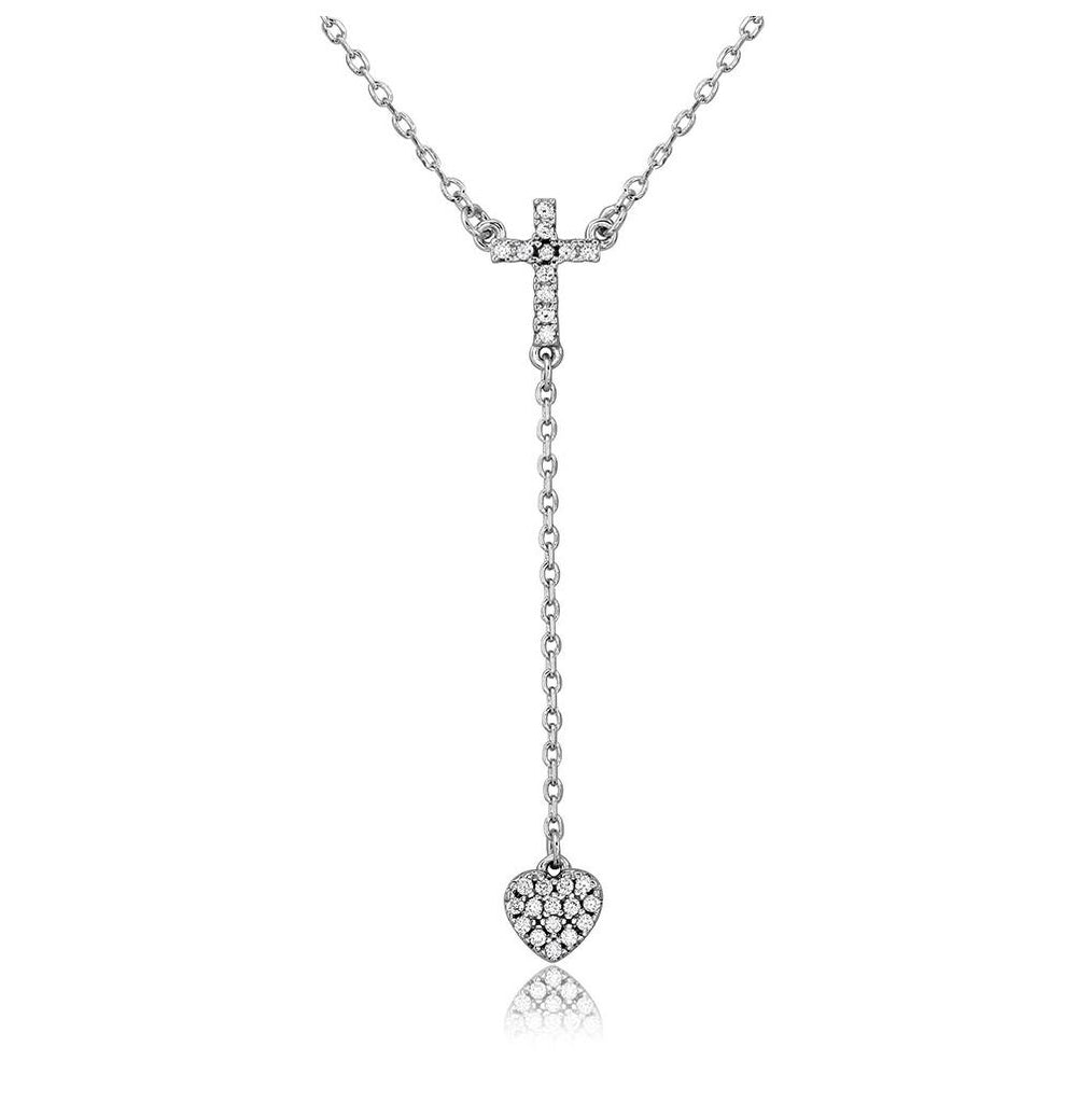 .925 Sterling Silver Rhodium Plated Cross With Hanging Heart Necklace