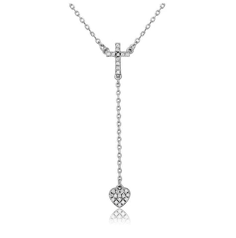 .925 Sterling Silver Rhodium Plated Cross With Hanging Heart Necklace