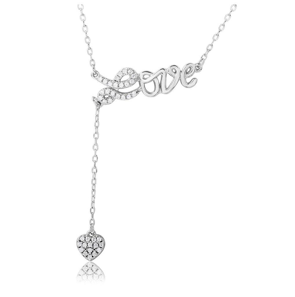 .925 Sterling Silver Rhodium Plated Cz Love With Hanging Heart Necklace