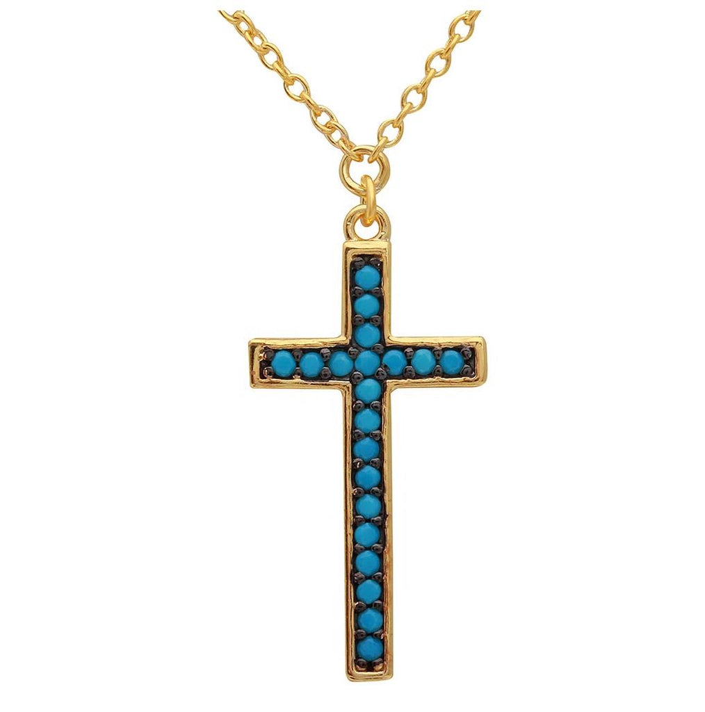 .925 Sterling Silver Gold Plated Turquoise Stone Cross Necklace