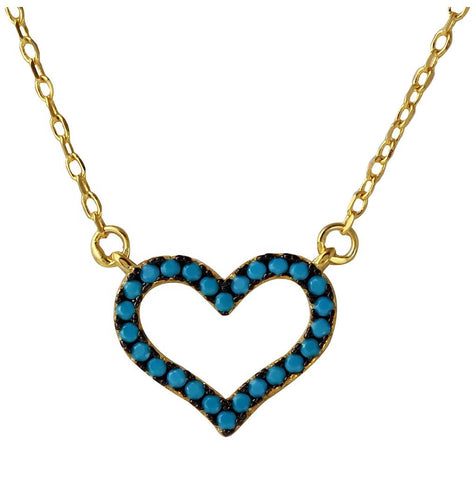 .925 Sterling Silver Gold Plated Open Heart Turquoise Stones Necklace