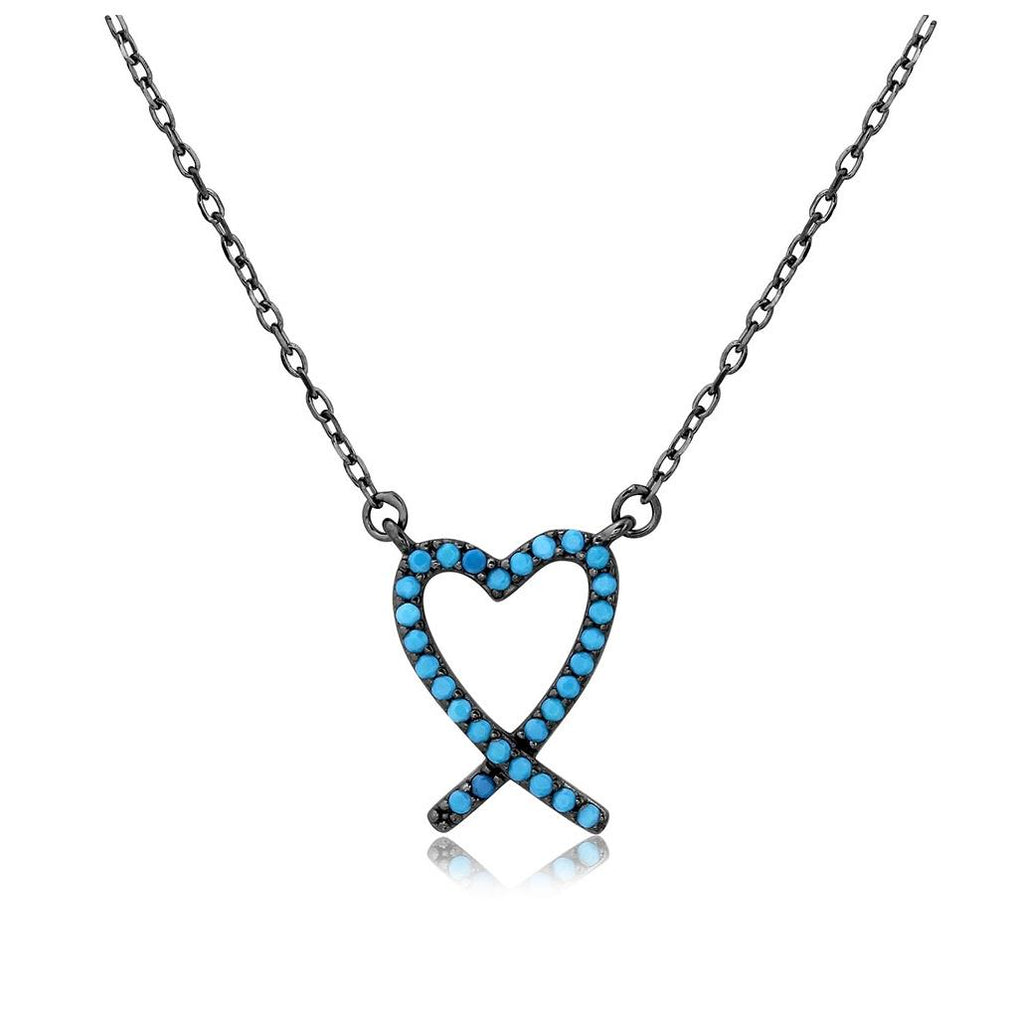 .925 Sterling Silver Black Rhodium  Open Heart Necklace With Turquoise Stones