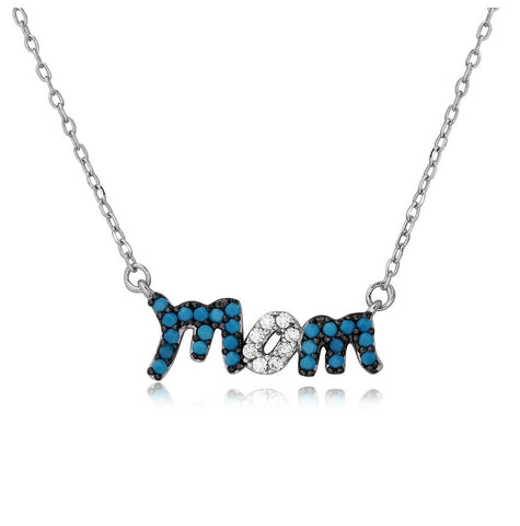 .925 Sterling Silver Rhodium Plated Turquoise And Cz Stones Mom Necklace