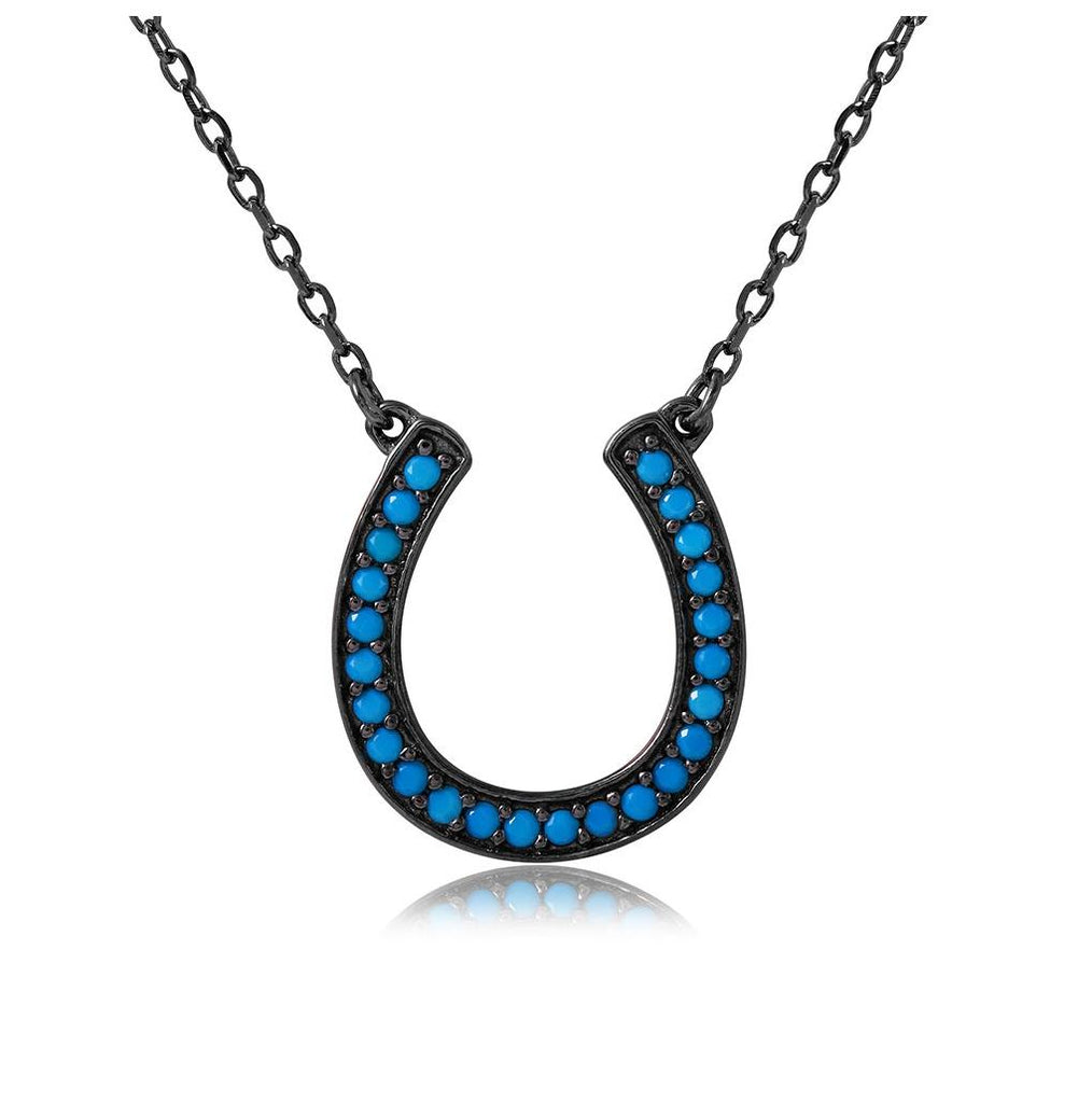 .925 Sterling Silver Black Rhodium Plated Turquoise Stone Horse Shoe Necklace