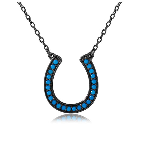 .925 Sterling Silver Black Rhodium Plated Turquoise Stone Horse Shoe Necklace