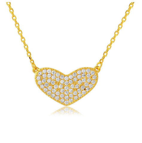 .925 Sterling Silver Gold Plated Cz Encrusted Heart Necklace