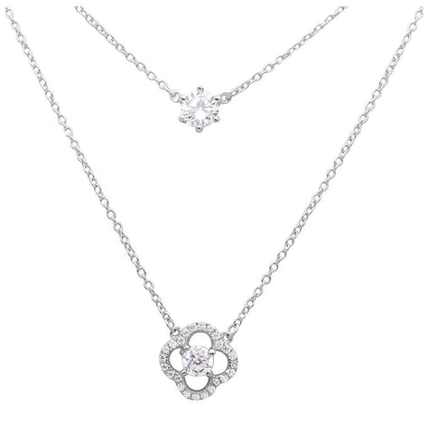 .925 Sterling Silver Rhodium Plated Double Chain Cz And Open Flower Necklace