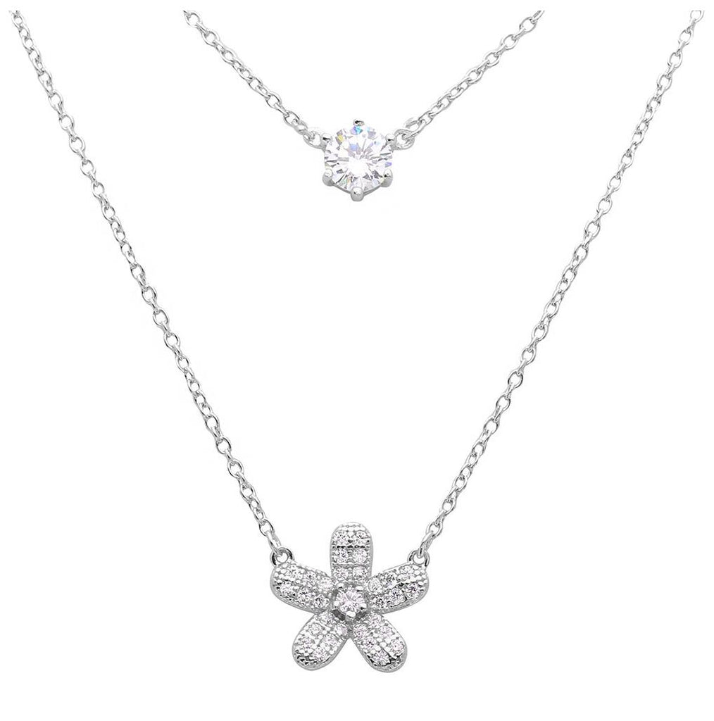 .925 Sterling Silver Rhodium Plated Double Chain Cz And Hibiscus Flower Necklace