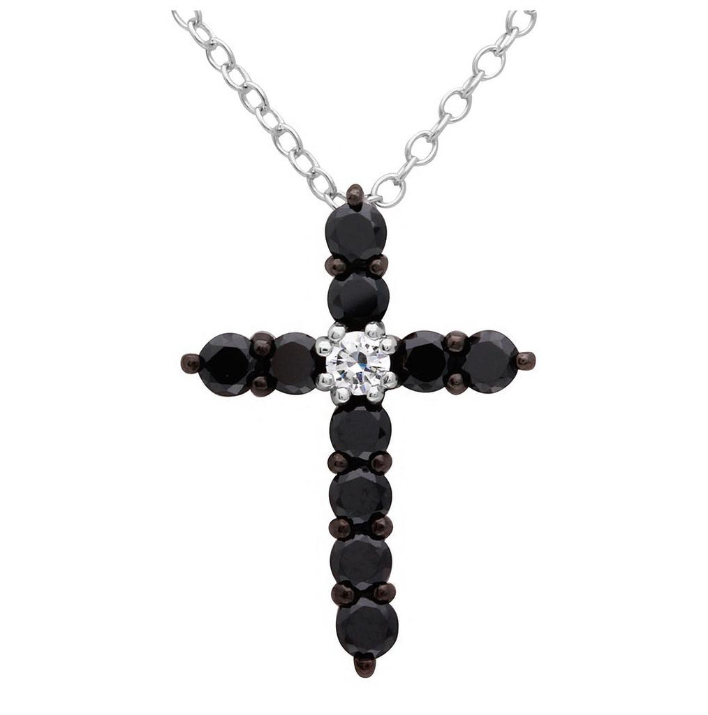 .925 Sterling Silver Rhodium Plated Black Cz Cross Necklace