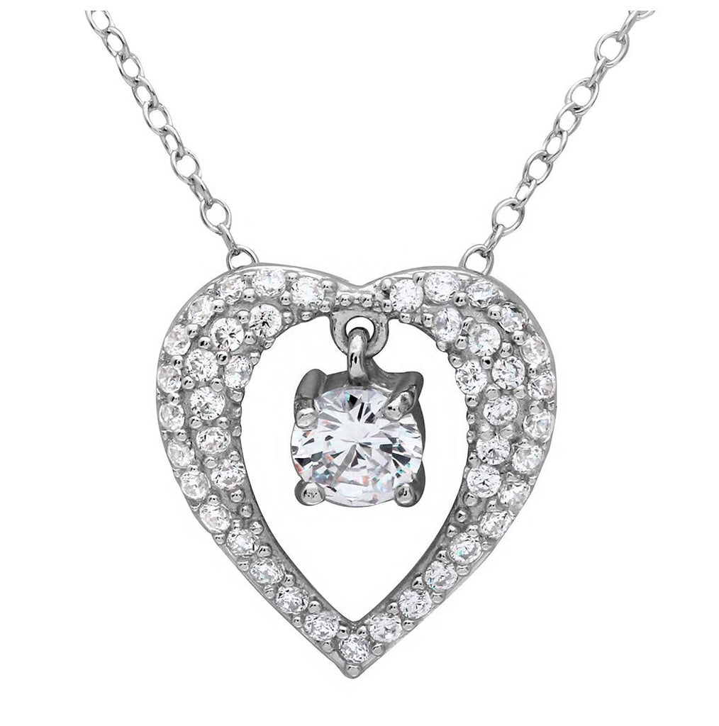 .925 Sterling Silver Rhodium Plated Open Heart Necklace With Hanging Stone