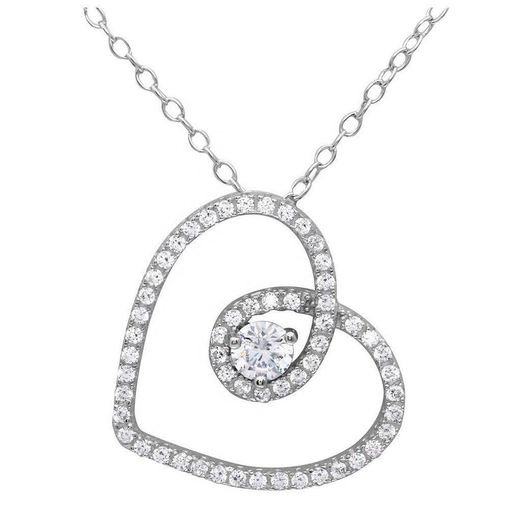 .925 Sterling Silver Rhodium Plated Cz Open Script Heart Necklace