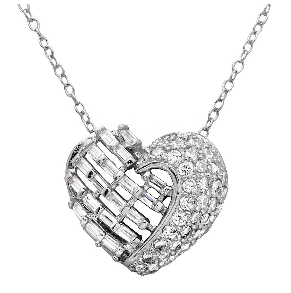 .925 Sterling Silver Rhodium Plated 2 Sided Baquette Cz Stones Heart Necklace