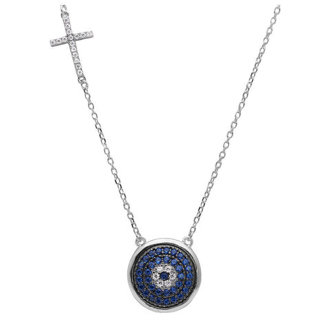 .925 Sterling Silver Rhodium Plated Blue Cz Evil Eye With Cz Cross Charm Necklace